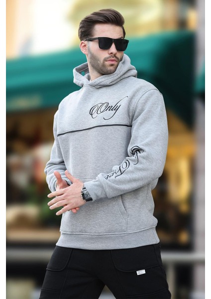 Grimelanj Kapüşonlu Şerit Detaylı Baskılı Erkek Sweatshirt 7091