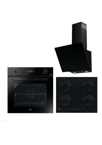 3'lü Ankastre Set Siyah (HO3158B FIRIN-HVW6MBB Gazlı OCAK-HDG6C1GBTK Davlumbaz)
