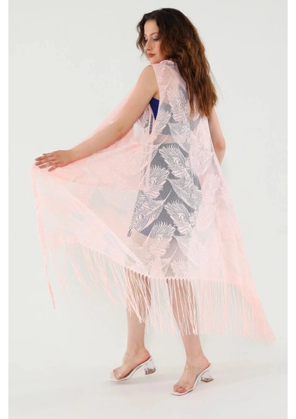 Pareo Dantel Yelek Mayo Bikini Üzeri Yaprak Desenli Püsküllü Plaj Elbisesi - Açık Pembe indirimleri