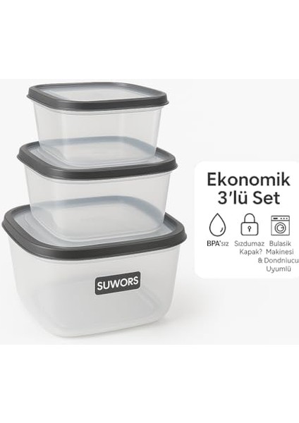 3’lü Sızdırmaz Saklama Kabı Seti | 1600ML + 2800ML + 4600ML | Şeffaf Plastik Yemek Kabı | Gıda Saklama & Mutfak Organizer Kutusu | Mikrodalga ve Buzdolabı Uyumlu fiyatları