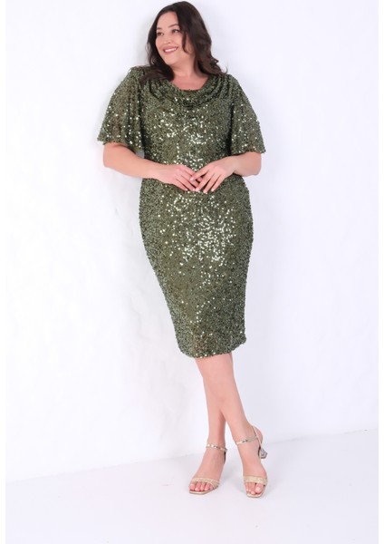Kadın Haki Degaje Yaka Pul Payet Büyük Beden Abiye Elbise