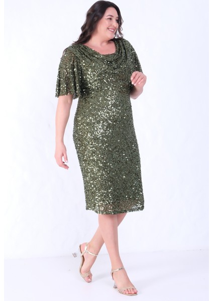 Kadın Haki Degaje Yaka Pul Payet Büyük Beden Abiye Elbise modelleri