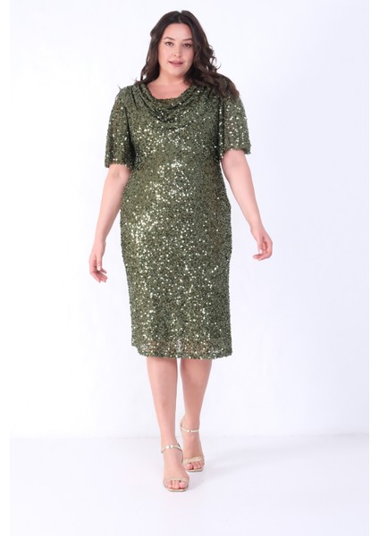 Kadın Haki Degaje Yaka Pul Payet Büyük Beden Abiye Elbise fırsatları