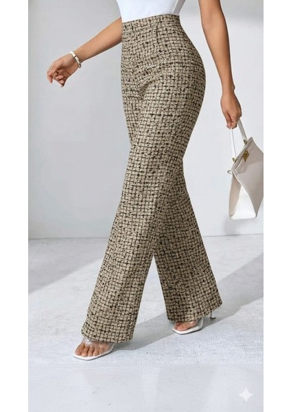 Kadın Yüksek Bel Paçaya Doğru Geniş Dokuma Pantolon