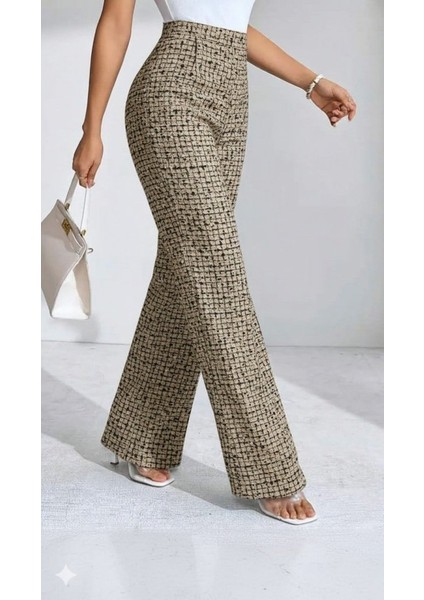 Kadın Yüksek Bel Paçaya Doğru Geniş Dokuma Pantolon modelleri