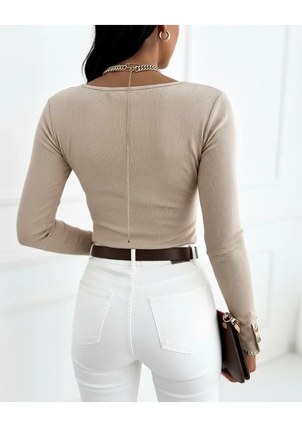 Kadın Uzun Kollu Yakadan Açık ve Düğme Detaylı Kaşkorse Bluz modelleri