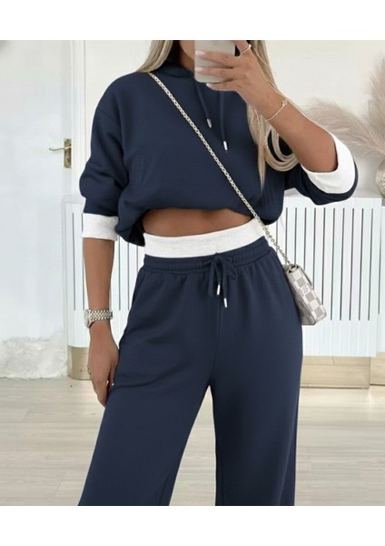 Kadın Uzun Kollu Kapşonlu Viskon Iki Iplik Füme Bluz ve Pantolon Ikili Takım