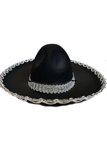 Gümüş Renk Şeritli Meksika Mariachi Latin Şapkası 55 cm Çocuk modelleri