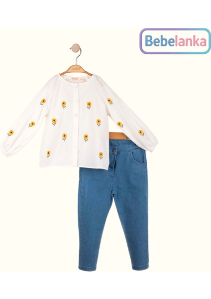 Kız Çocuk Ayçiçeği Nakışlı Düğmeli Gömlek ve Esnek Kot Pantolon 2'li Takım