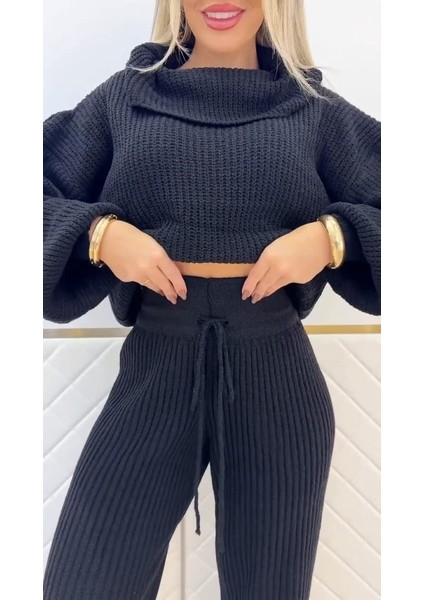 Kadın Uzun Kollu Balıkçı Yaka Kısa Triko Bluz ve Pantolon Ikili Takım modelleri