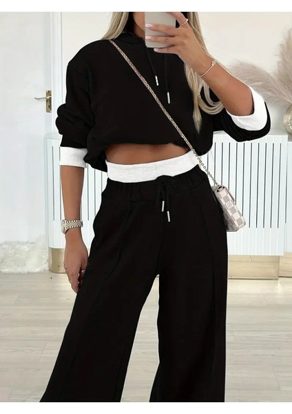 Kadın Uzun Kollu Kapşonlu Viskon Iki Iplik Bluz ve Pantolon Ikili Takım