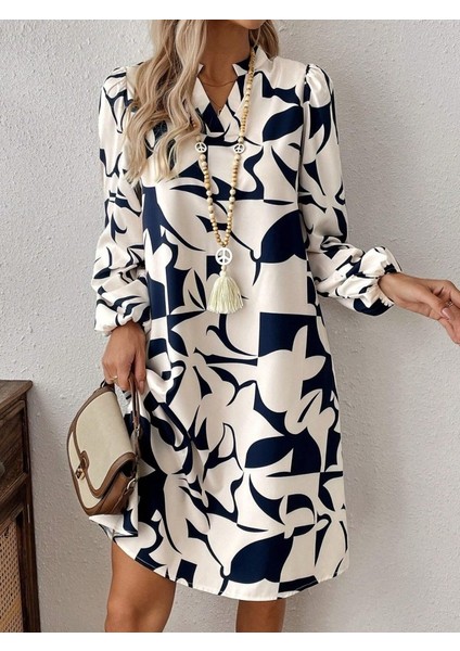 Kadın Uzun Kollu V Yakalı Desenli Modal Mini Elbise