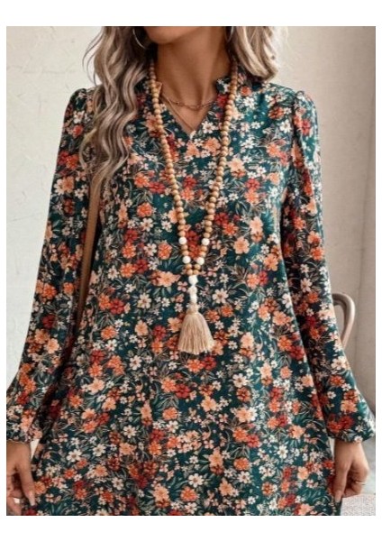 Kadın Uzun Kollu V Yakalı Desenli Modal Mini Elbise fiyatları