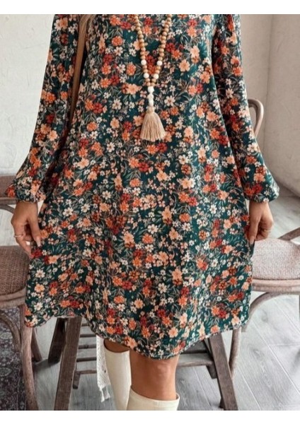 Kadın Uzun Kollu V Yakalı Desenli Modal Mini Elbise modelleri