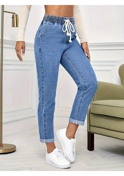 Kadın Yüksek Bel Bağcıklı Kot Pantolon modelleri