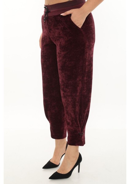 Büyük Beden Fitilli Kadife Mom Lastikli Yüksek Bel Kadın Pantolon