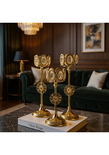 Dekoratif 3'lü Oval Taşlı Şamdan - Gold modelleri