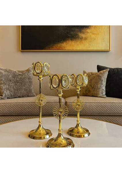 Dekoratif 3'lü Oval Taşlı Şamdan - Gold fırsatları