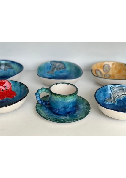 Boncuk Kulp Deniz Temalı El Yapımı Fincan