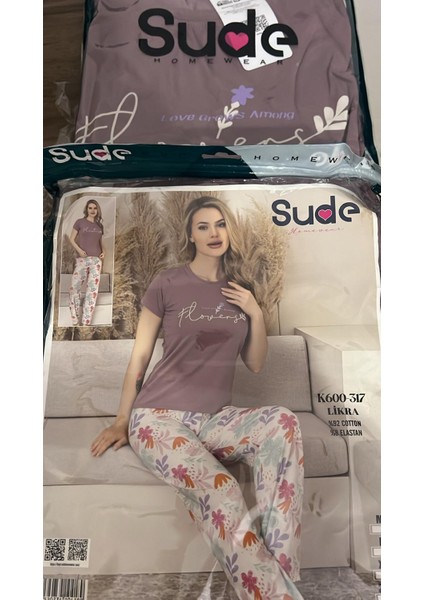 600-317 Bayan %92 Cotton Kısa Kollu Pijama Takımı-Lila-