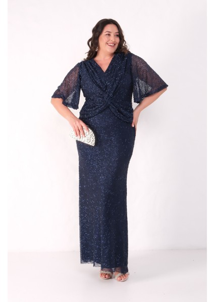 Kadın Lacivert V Yaka Kısa Kol Boncuk Işlemeli Büyük Beden Abiye Elbise