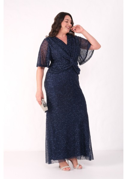 Kadın Lacivert V Yaka Kısa Kol Boncuk Işlemeli Büyük Beden Abiye Elbise fiyatları