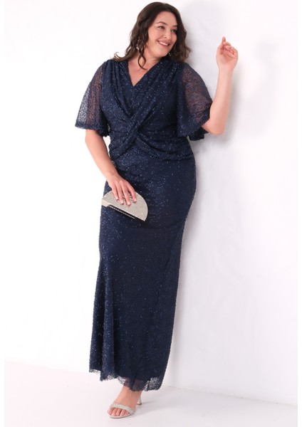 Kadın Lacivert V Yaka Kısa Kol Boncuk Işlemeli Büyük Beden Abiye Elbise modelleri