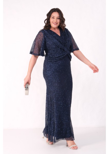 Kadın Lacivert V Yaka Kısa Kol Boncuk Işlemeli Büyük Beden Abiye Elbise indirimleri