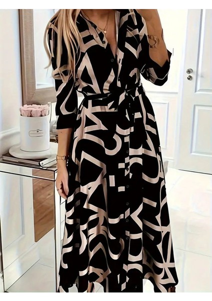 Kadın Uzun Kollu Yakalı Önden Düğmeli Uzun Süprem Elbise