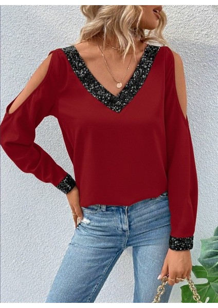 Kadın Uzun Kollu V Yakalı Omuzlardan Açık Sandy Bluz modelleri