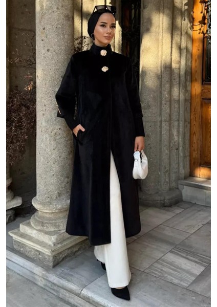 7958 Kol Ucu Ribana Detaylı Metal Düğmeli Kaşe Kaban