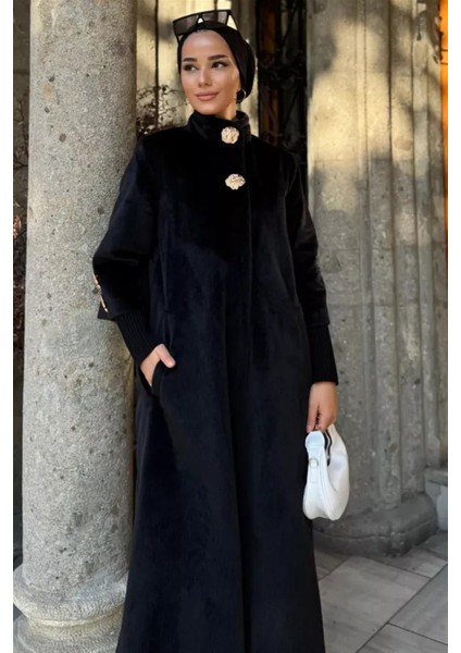 7958 Kol Ucu Ribana Detaylı Metal Düğmeli Kaşe Kaban fiyatları