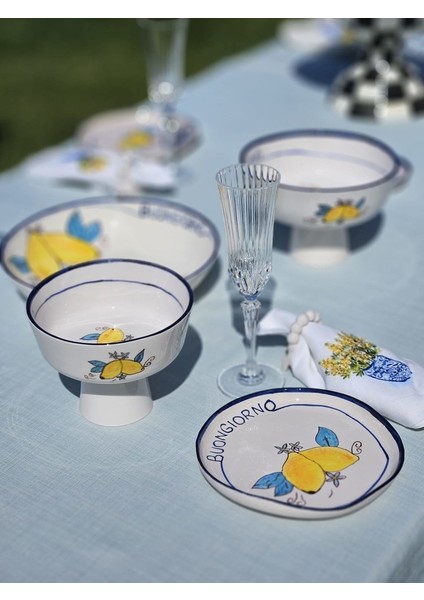 1 Adet El Yapımı El Boyaması 19CM Çapında 10CM Seramik Meyvelik - Limon Desenli \'\'buongiorno