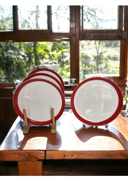 4 Adet Kalın Kırmızı Çizgili 21CM Pasta Tabağı