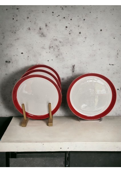 4 Adet Kalın Kırmızı Çizgili 21CM Pasta Tabağı modelleri