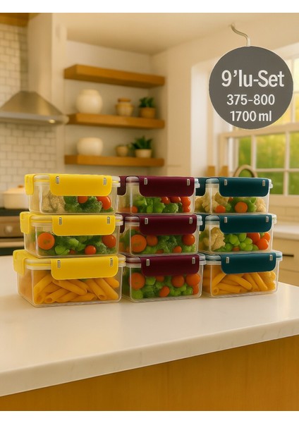 9'lu Dikdörtgen Sızdırmaz Contalı Kilitli Saklama Kabı Seti 3X375-800-1700 ml