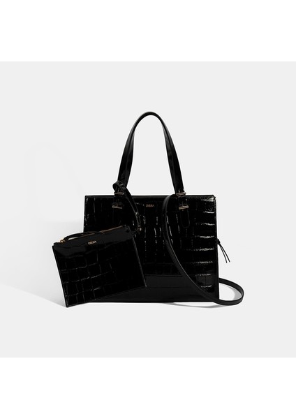 Kadın Siyah Kroko Baskılı Cüzdan Aksesuarlı Deri Omuz Çantası