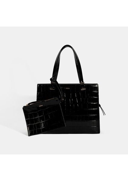 Kadın Siyah Kroko Baskılı Cüzdan Aksesuarlı Deri Omuz Çantası fiyatları