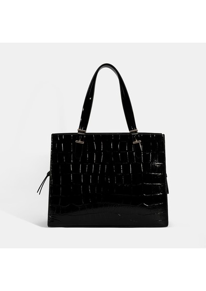 Kadın Siyah Kroko Baskılı Cüzdan Aksesuarlı Deri Omuz Çantası fırsatları