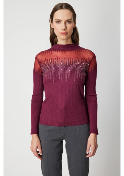 Transparan Detaylı Taşlı Triko Kazak 60390-26K