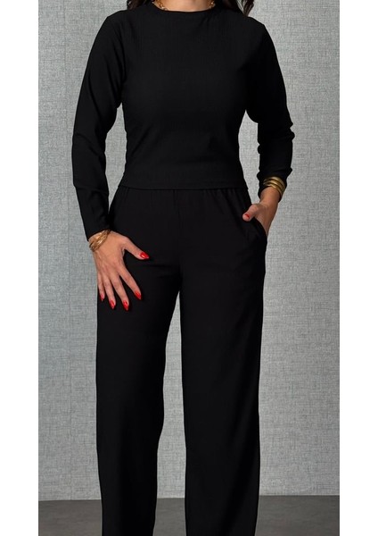 Kadın Uzun Kol Bisiklet Yaka Bürümcük Bluz ve Pantolon Ikili Takım modelleri