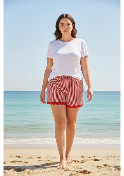 Çizgili Penye Kadın Ev Şortu Bacak Dantel Detaylı Ev Giyim Kırmızı fırsatları