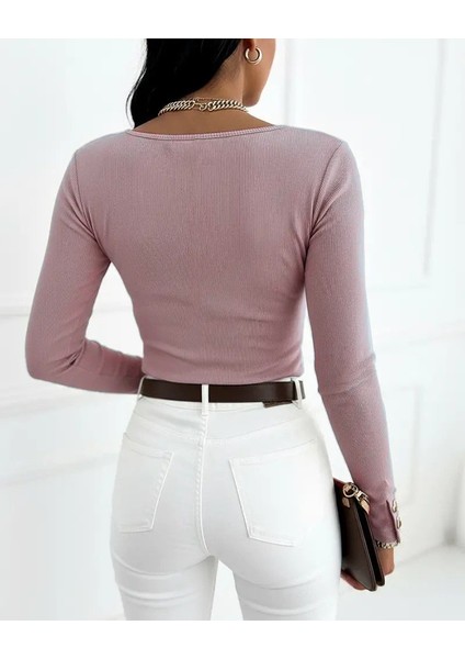 Kadın Uzun Kollu Yakadan Açık ve Düğme Detaylı Kaşkorse Bluz modelleri