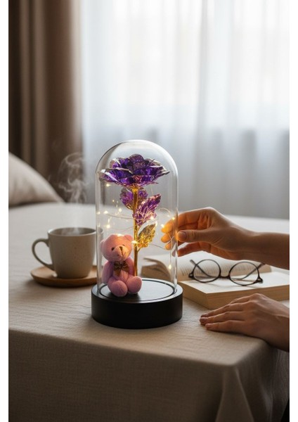 Mor Ayıcık ile Mor Sonsuzluk Güllü LED Işıklı Fanus Sevgiliye Özel Hediye fiyatları