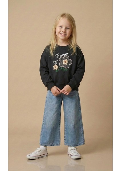 Kız Çocuk Çiçek Nakışlı Sweat Kot Pantolon Alt Üst Takım