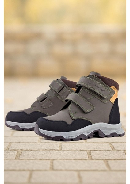 Trekking Hakiki Deri Haki Yeşil Sarı Cırt Cırtlı Erkek Çocuk Bot