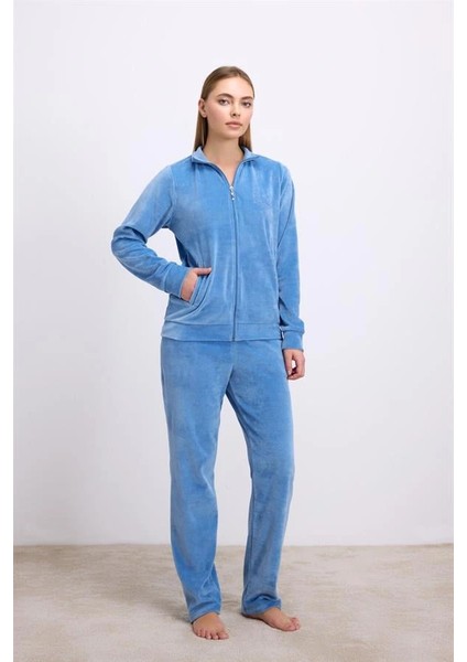 Uzun Kollu Fermuarlı Kadife Sweatshirt ve Pantolon Pijama Takımı