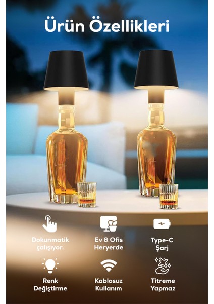 Şarjlı Kablosuz LED Şişe Başlıklı Lamba - 3 Renk Modlu Dokunmatik Dekoratif Masa ve Gece Lambası fırsatları