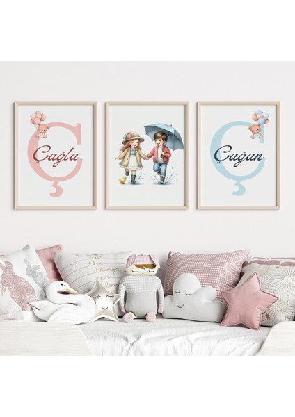 Ikiz Kız ve Erkek Bebek Ayıcıklı Isim Tablo Seti, Çocuk Odası Tablo, Bebek Odası Tablo