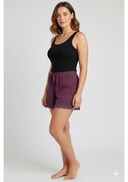 Düz Renk Mini Çiçek Desenli Penye Kadın Ev Şortu Bacak Dantel Detaylı Ev Giyim Gül Kurusu fiyatları